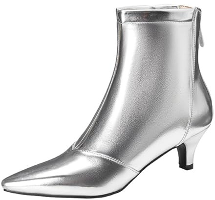 MiaZane Bottines Classiques en Cuir PU Femme Bout Pointu Talon Kitten Fermeture Latérale Bottines Élégantes pour Travail Quotidien et Tenue de Soirée,Argent,39 EU