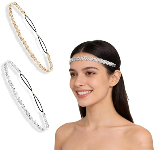 2Pcs Rhinestone Headband Women, Adjustable Silver Gold Headband Girls Sparkly Crystal Vintage Headpiece for Women Hair Accessories, Glitter Head Chain 70s Accessories (Gold, Silver)
