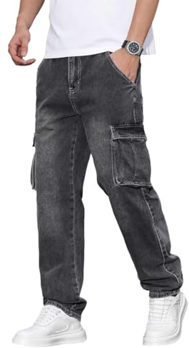 Yegirlzs Baggy Jeans Uomo Loose Fit Cargo Pantaloni in Denim Larghi Jeans Wide Leg Y2K Hip Hop Moda Casual Streetwear A Nero M