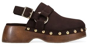 BOSANOVA Zuecos para Mujer en Ante con tachas metálicas Decorativas y Suela de Plataforma Efecto Madera. Cierre con Tira Trasera y Hebilla Regulable. Calzado para Mujer