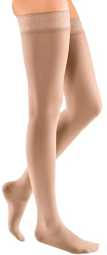 medi mediven elegance - 0268106 Oberschenkellange Damen Kompressionsstrümpfe mit offener Spitze | CCL2 | Weites Noppen-Haftband | Caramel | Gr. VI normal