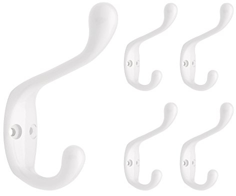 Franklin Brass 3 in. Heavy Duty (5-Pack) Coat and Hat Wall Hooks Double Hooks for Hanging White Wall Mount Hanger Backpack, Purse, Bag, Towel Organization Decorative Wall Hooks B42302M-W-C