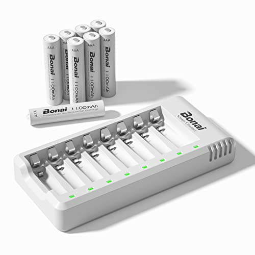 BONAI Cargador de Pilas Recargables con 8 Piezas de 1100mAh AAA Ni-MH Pilas Recargables, 8 Ranuras Independientes con Luces LED(Carga rápida USB)