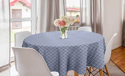 ABAKUHAUS japanisch Runde Tischdecke, Art Deco Scales Boho, Kreis Tischdecke Abdeckung für Esszimmer Küche Dekoration, 150 cm, Blau Weiss