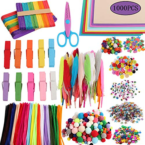 1000 Stück Bastelset Kinder Pfeifenreiniger Set, Bastelfilz Plüsch Bunte,Einschließlich A4 Schwammpapier, Haarballen, Scheren, Federn, Pailletten, Selbstklebendes Papier, Wimpernfarbenaugen usw.
