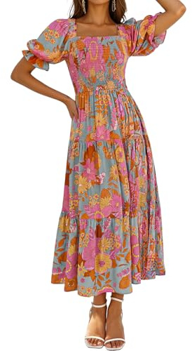 ZESICA Women's 2025 Summer Boho Floral Print Square Neck Ruffle Swing Beach Long Maxi Dress,GreyGreen,Medium