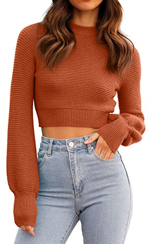 Womens Sexy Cropped Sweaters Pullover Long Sleeve Ribbed Knit Crop Jumper Tops Orange