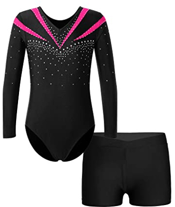 Aiihoo Flickkläder set, gymnastikdräkt, glänsande dansbody med strass och shorts, långärmad dansbody, danskläder, dans, gymnastik, tröjor, S Hot Pink, 134/140 cm
