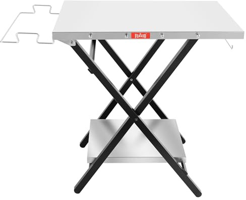 Feasto Outdoor Grill Table, Foldable Pizza Oven Stand & Griddle Stand with Garage Rack & Tissue Holder, Folding Outdoor Prep Table for Gathering and Party, 30 x 24, Stainless Steel