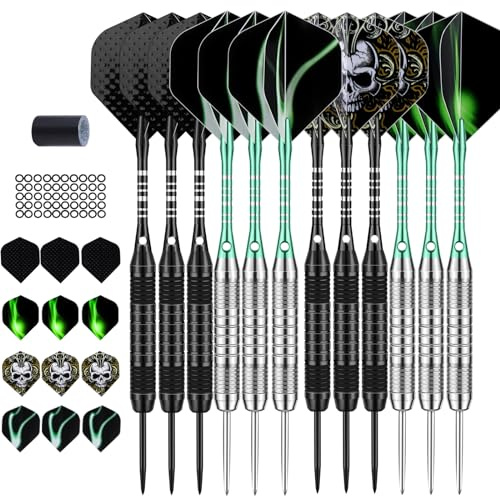 DARTSPACE 12 Pack Steel Tip Darts Set with Black Green Aluminum Shafts 24 Standard Flights Extra 50 Rubber O-Rings 1 Dart Sharpener Metal Tip Darts