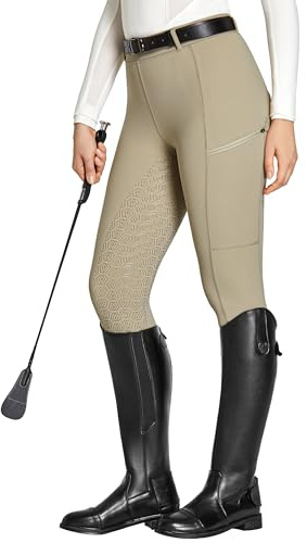 FitsT4 Sports Equestrian Breeches High Waist Riding Tights for Women Full Seat Jodhpur Style with Zip Pocket,Khaki,L
