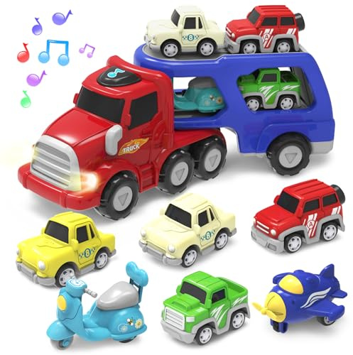 seveclotree Toy for 2 3 4 Year Old Boys Toys Transport Truck Cars with 6 Pull Back Cars,Light and Sound,Kids Toys Age 1 2 3 4 5 6 Boys Girls Birthday