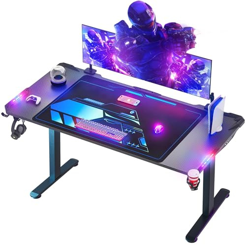 Himimi Scrivania Gaming LED 180×70cm,Tavolo Gamer Ergonomica,Postazione Gamers con Piano del Tavolo in Fibra di Carbonio, Scrivania per Computer con Porta Bicchiere e Ganci per Cuffie, Nero