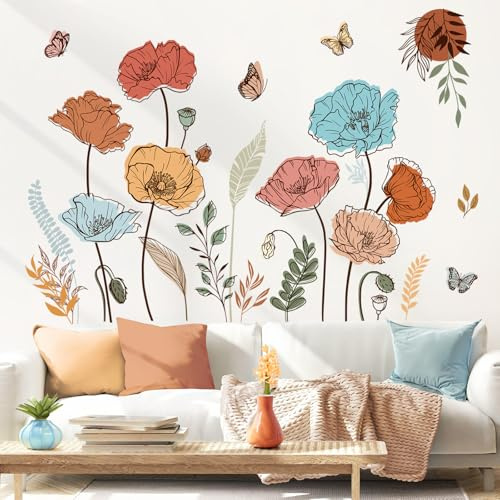 decalmile Stickers Muraux Fleur Boho Autocollant Mural Floral Bohème | Stickers Décoratifs Muraux Peel and Stick, Décoration Murale Amovible et Sûre pour Murs, Sticker Mural Couleurs Vives