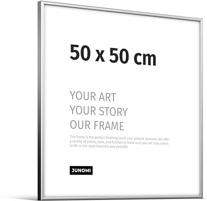 JUNOMI® Cornice portafoto 50 x 50 cm, alluminio argento opaco elegante – profilo slim, vetro acrilico antiurto, appendiatura orizzontale e verticale