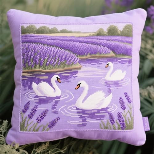 Henypt Kit artigianali con gancio di chiusura fai da te Cigno bianco nel lago Kit di cuscini ad ago Cuscino con gancio di chiusura Tappetino per cuscino 43x43cm