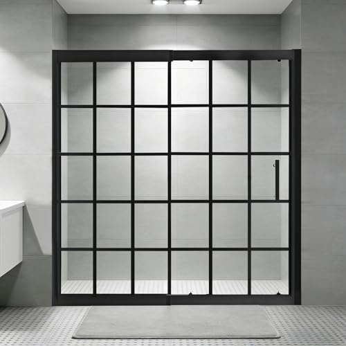 Botwinkle Shower Door 56-60 W x 72 H, No-Cut Telescopic Shower Door, Single Sliding Shower Door, 1/4 (6mm) SGCC Tempered Glass, Aluminum Alloy Frame, Matte Black Grid Pattern Finish