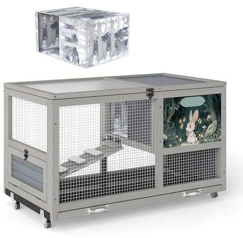 COZIWOW 36.5-Inch Double-Decker Wooden Insulated Rabbit Hutch with Wheels, Heated Rabbit Cage Featuring A Cleaning Tray and Ladder—Stylish&Easy to Assemble（Grey and Warm）