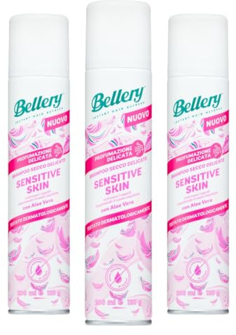 Bellery Sensitive Skin con Aloe Vera - Shampoo Secco Spray per Tutti i Tipi di Capelli - Formula leggera con Profumazione delicata e dermatologicamente testata – Per Pelle sensibile – 3 x 200ml