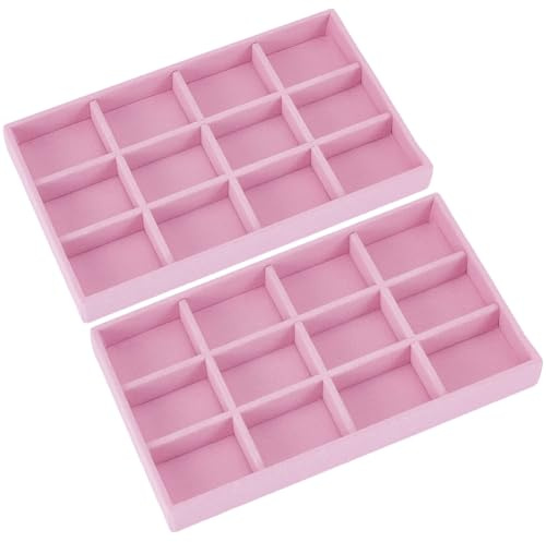 SOFPLATE 2 pz. Vassoio Portaoggetti per Cassetti in Velluto per Gioielli Impilabile in Velluto Rosa 12 Eleganti Inserti per Cassetti per Anelli Orecchini Collane Bracciali Espositore per Donne