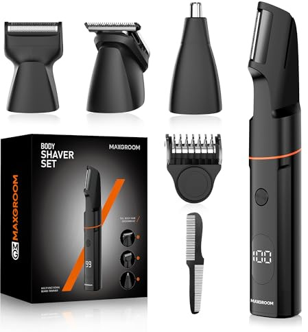 MAXGROOM Afeitadora Corporal Masculina, Set de Depiladora Corporal Hombre, 4 en 1 Maquina Depilar Hombre para Cuerpo, Genitales y Zona Intima, Recortadora en Seco y Húmedo