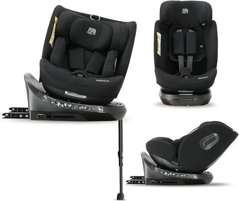 Deryan Carly Silla de coche 360° i-Size - Giratoria 360 grados, silla de coche 0-36 kg, 0-12 años, ISOFIX, silla reclinable en 8 posiciones e reposacabezas en 12 posiciones (Negro)