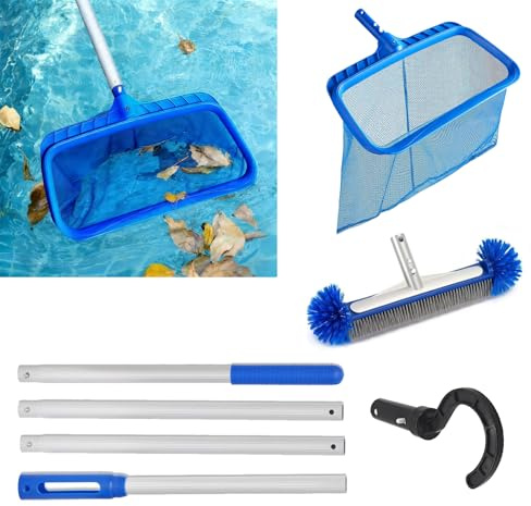 GAESHOW Kit 4 in 1 per la pulizia della piscina, set di strumenti per la pulizia delle piscine staccabili da 160 cm, include spazzola per la pulizia, rete per skimmer semi-profonda e gancio per foglie