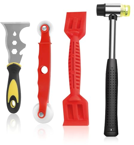 Kit d'outils de vitrage de fenêtre 4 pièces, outils de fenêtre pour montage et réparation, y compris racleur en acier inoxydable, marteau à double tête, rouleau de pression et spatule