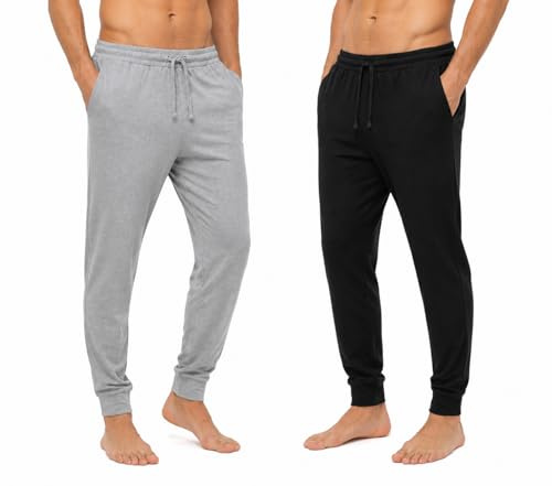 Mens Pyjama Bottoms 2 Pack – Jersey Pure Cotton Lounge Pants with Pockets, Breathable Sleepwear Night Pants for Men