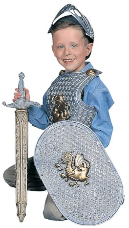 Fun Express Knight Costume Kids Boys - Complete Medieval Armor Play Set with Helmet, Chest Piece, Shield & Toy Sword | Plastic Knight Accessories for Halloween, Dress-Up & Role-Playing Ages 3-12