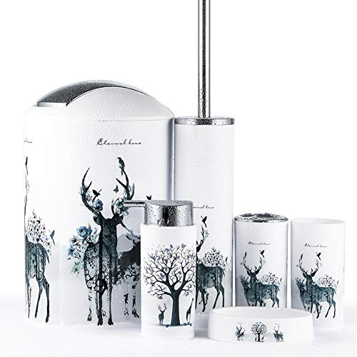 JOTOM Modern Design 6 Piece Plastic Bathroom Accessory Set Luxury Bath Accessories Bath Set Lotion Bottles,Toothbrush Holder,Tooth Mug,Soap Dish,Toilet Brush,Rubbish (Elk)
