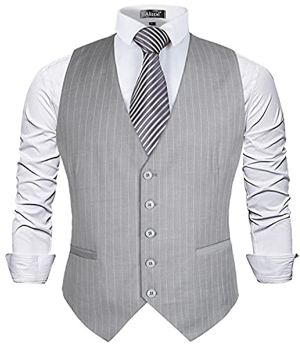 Alizeal Gilet de costume d'affaires à fines rayures pour hommes, Rayé gris clair-L