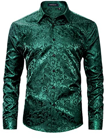 Hisdern Lyxig herrskjorta i guld med paisleymönster, glänsande skjorta, långärmad finskjorta med knappar, skjortor för bröllop, fest och bal, Grönt (Green1), XL