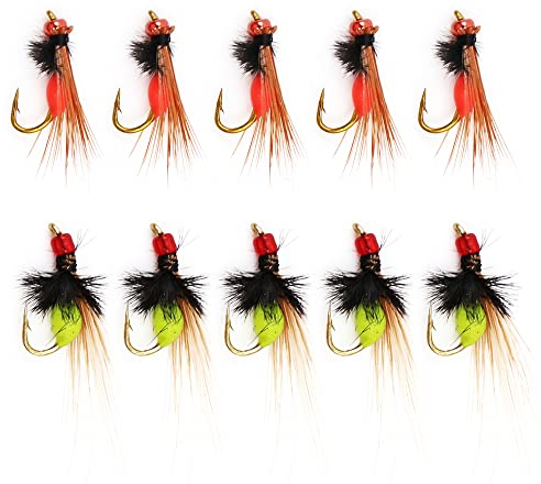 ANCLLO 10 Stück Angelköder Bionic Hooks, Premium Giftige Mücke mit fluoreszierendem Effekt Fliegenfischen Fliegenhaken Angelausrüstung-rot, fluoreszierend gelb (je 1,25 * 0,48 cm)