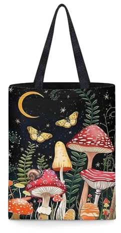 chaqlin Niedliche Einkaufstasche für Damen und Mädchen, wiederverwendbar, mit Pilz-Monddruck, große Einkaufstasche, Party-Handtaschen mit Innentasche