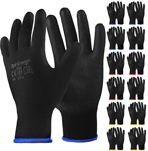 Rainberg Pack of 12 or 24 Safety Gloves, Work Gloves, with Secure Grip on Palm & Fingers, PU and Nylon Non-Slip Gloves, Ideal for General Duty Work, Gardening. (Pack of 12 Pair's, Ex-Large)