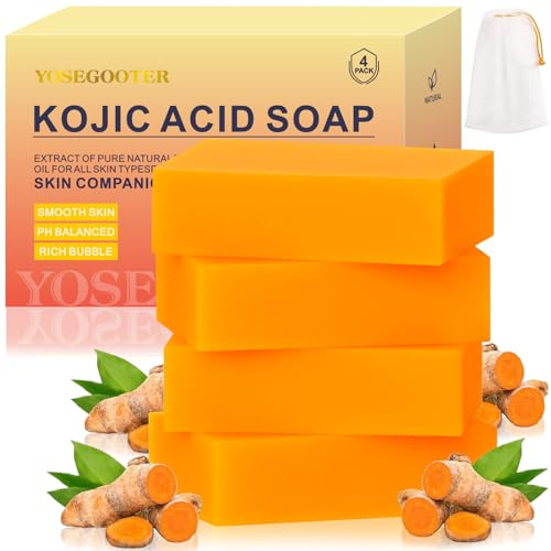 YOSEGOOTER Kojic Acid Soap 4 Packs 14oz,Turmeric Soap, Dark Spot Remover for face and body with Vitamin C, Retinol, Collagen, Original Japanese Complex - Vitamin E, Shea Butter, Castile Olive Oil
