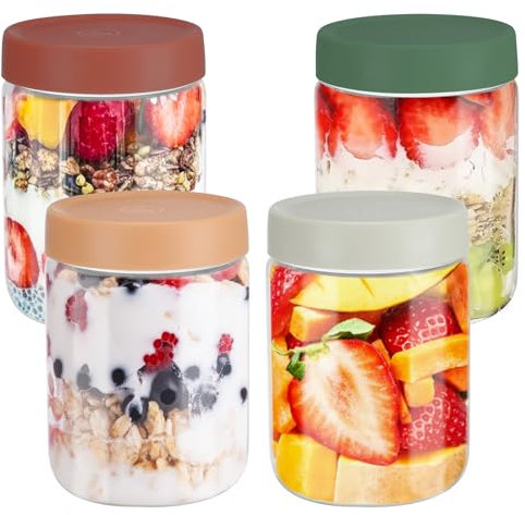 YUEYEE 4-Pack 600ml Multipurpose Glass Jars with Lids - Meal Prep, Overnight Oats, Salads, Dry/Liquid Foods - Dishwasher & Microwave Safe (Glass Jar)