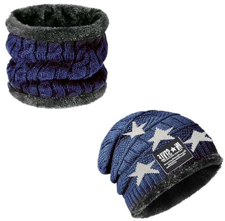 Ajuanbazha Conjunto de Gorro y Bufanda de Invierno para Niños, Gorro de Punto Térmico con Forro Polar de Punto 2 en 1, Accesorios Calientes para Niños y Niñas de 4 a 15 Años (Azul)