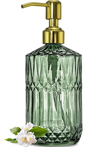 JASAI 18Oz Green Glass Soap Dispenser with Gold Rust Proof Pump, Refillable Kitchen soap Dispenser for Dish Soap, Soap Dispenser Bathroom for Hand soap, Lotion, Body Wash.