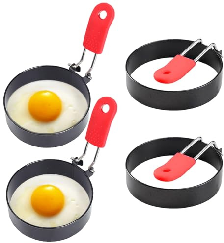 4 PCS Egg Rings for Frying, Stainless Steel Egg Rings with Anti-Scald Folding Handle Non Stick Fried Eggs Ring for Household Kitchen Cooking Eggs Frying Breakfast Mini Burger, Reusable, Easy to Clean