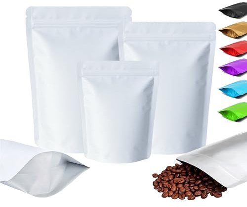 Plaphy 100 Sacchetti Mylar in Alluminio Stand-Up Richiudibili con Zip, Buste Ermetiche Autoportanti e Opache per Alimenti, Confezionamento e Conservazione Caffè, Tè e Caramelle (Bianco, 14 x 20 cm)