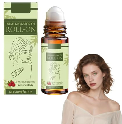 Huile de ricin pour le visage, le corps - Huile de ricin bio pressée à froid avec roller ball - Huile hydratante pour la peau sèche - Rouleau apaisant- sur pour les femmes et les hommes (1 bouteilles)