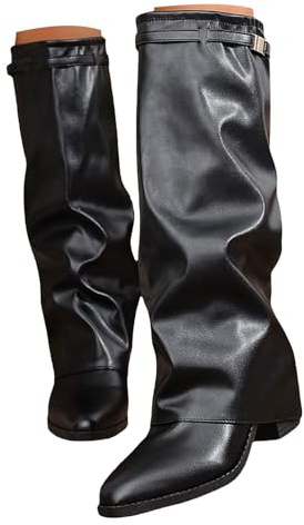 Womens Fold Over Knee High Boots Pointed Toe Chunky Block Heel Platform Long Boots Wide Calf Slouchy Pull On Dress Tall Booties Riding Biker Boot Shoes Fall Winter Footwear