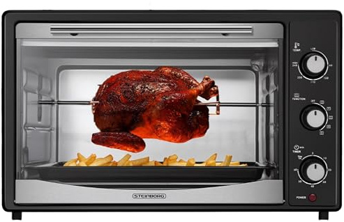 Steinborg® Mini Backofen 45 Liter mit Umluft & Drehspieß Elektrischer Minibackofen – Umluftofen mit Drehspieß, 1800 W, Pizzaofen Grillofen mit Innenbeleuchtung inkl. Backblech & Grillrost
