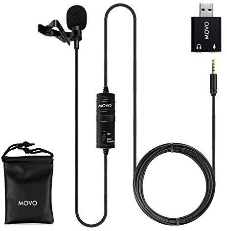 Microphone Universel Lavalier USB Movo pour Ordinateur avec Adaptateur USB Compatible avec Les PC et Les Mac, Smartphones, appareils Photo, podcasting, Microphone Portable (Cable de 6 mètres)