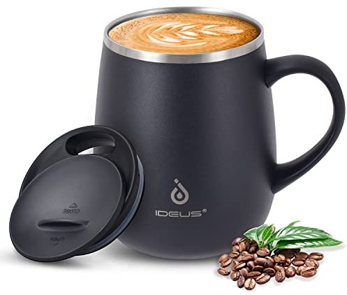 Ideus Coffee Mug 470ml (16oz), Double Wall Vacuum Insulated Stainless Steel Coffee & Tea Cup w/Non-Slip Handle & Slider Module Lid & Large Volume (Storm Black)