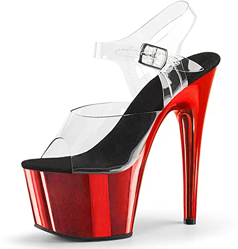 Sandalias de plataforma plateadas para mujer Correa en el tobillo Tacones altos de 6.7 Stilettos Sandalias con punta abierta Stripper Escenario Zapatos de baile en barra Tallas grandes Unisex,Rojo,38