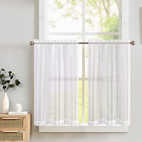 TOPICK White Lace Net Kitchen Curtains 36 Inch Drop Small Cafe Curtains Leaf Pattern Light Filtering Curtain Tiers for Bathroom Sink Cupboard Cabinet Rod Pocket 2 Panels