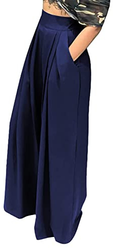 shownicer Pantaloni Donna a Vita Alta con Tasche a Gamba Larga Eleganti Estivi Solido Sciolto Gamba Dritta Palazzo a Vita Alta Elastico Casual Pantalone A Blu Scuro XXL